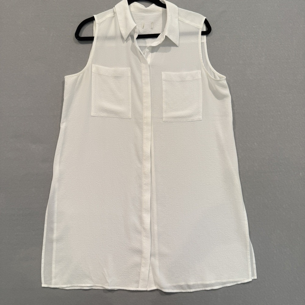 Chico's White Linen Blend Sleeveless Button Front Long Tunic Blouse Shirt Size M